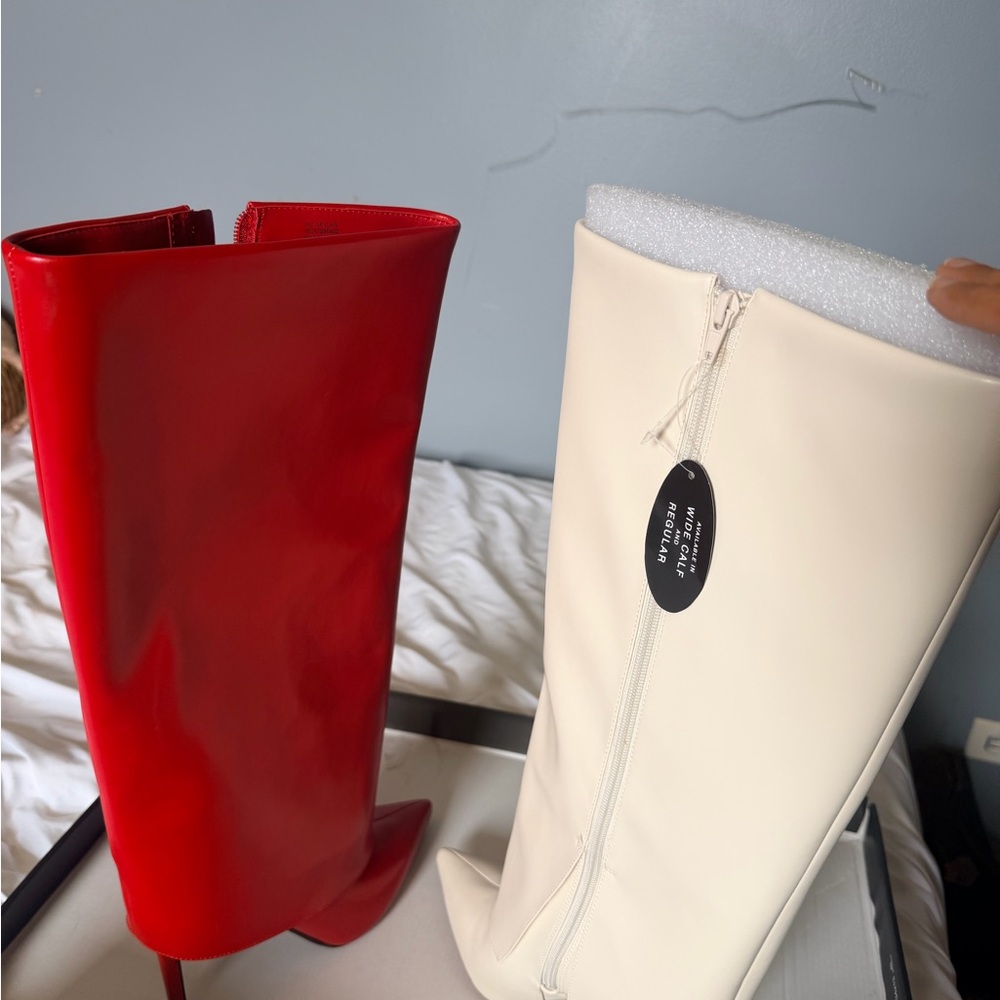 Women’s Two-Tone High Shaft Pointed Toe Boots - Red & Cream